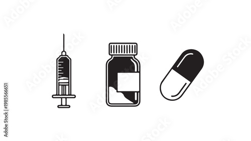 Medical icons of syringe, pill, and bottle on white background
