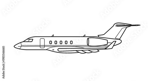 Line art illustration of private jet airplane; minimalist style black and white outline design of corporate travel aircraft aviation