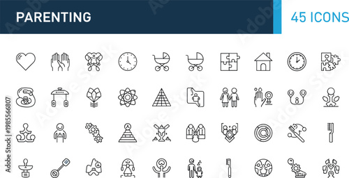 Parenting childcare family baby development line icons set kids care education outline vector symbols collection