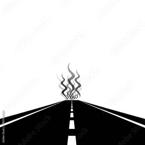 asphalt road, heat haze, highway perspective, black road, white background