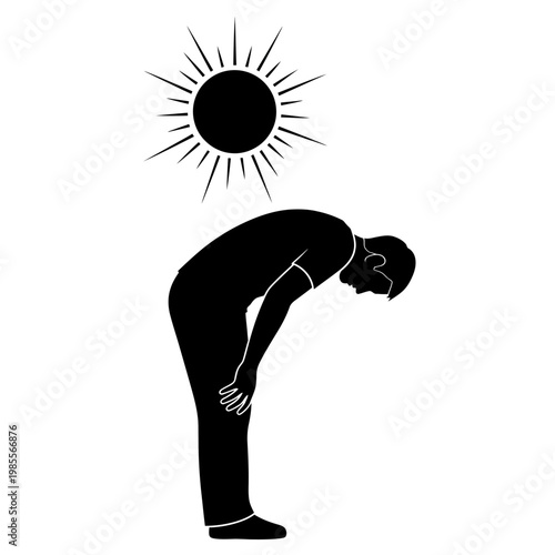 Black silhouette of a man bending over in pain, sun overhead, backache, heat stress, exhaustion