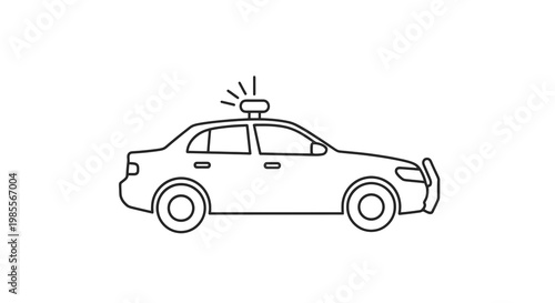 Outline illustration of a police car with flashing light on white background; transport line drawing of sedan with bull bar