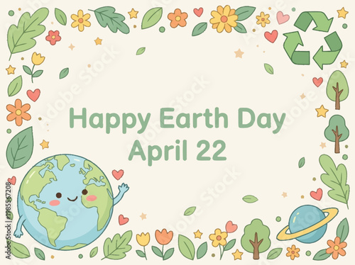 Happy Earth Day April 22 Celebration Illustration Featuring a Cute Earth Character and Nature Elements
