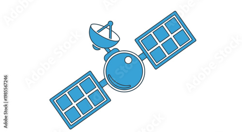 Satellite orbiting in space with solar panels communication dish in blue vector illustration on white background; clean line style