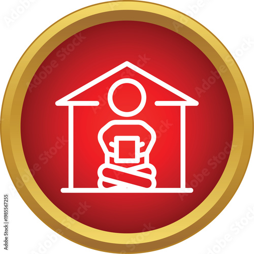 Person icon sitting inside house outline holding a tablet or book, representing staying home