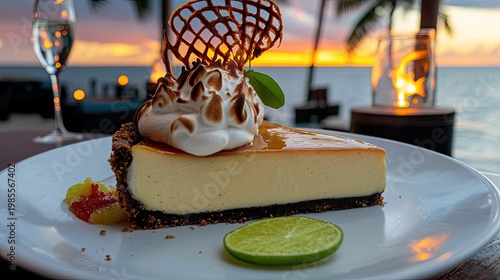 Gourmet dessert slice sits elegantly on a white plate against a tropical sunset backdrop