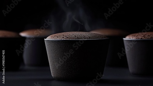 Several freshly baked dark chocolate souffl?s rise in black ramekins emitting warm steam