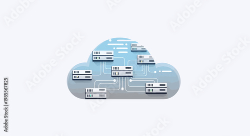 Cloud computing network diagram with server connections data storage and digital communication technology in light blue tones