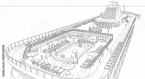 Cruise ship deck isometric illustration with pool lounge chairs bar and ocean view in detailed outline style for travel and vacation themes