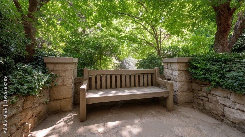 Fototapeta premium Serene Wooden Bench Surrounded by Lush Greenery in Idyllic Tranquil Garden Setting with Natural Light Filtering Through Trees