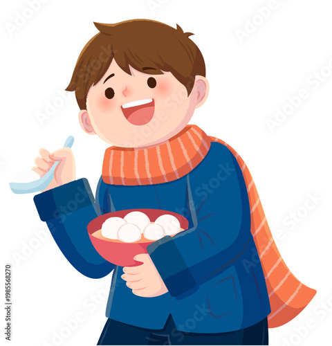 Boy holding a bowl, eating glutinous rice dumplings