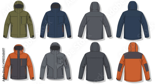 Variety of colorful outdoor hooded jackets.