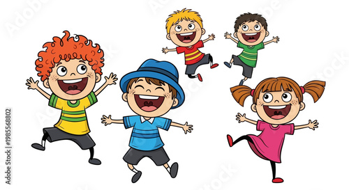 Children jumping happy smiling kids playing.
