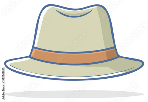 Illustrated light tan fedora hat with a brown band and blue outline