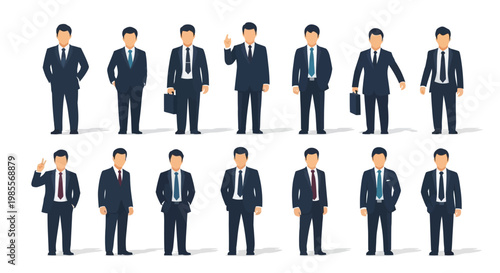 Businessmen in various poses and suits.