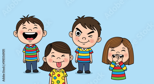 Four cartoon children smiling and laughing.