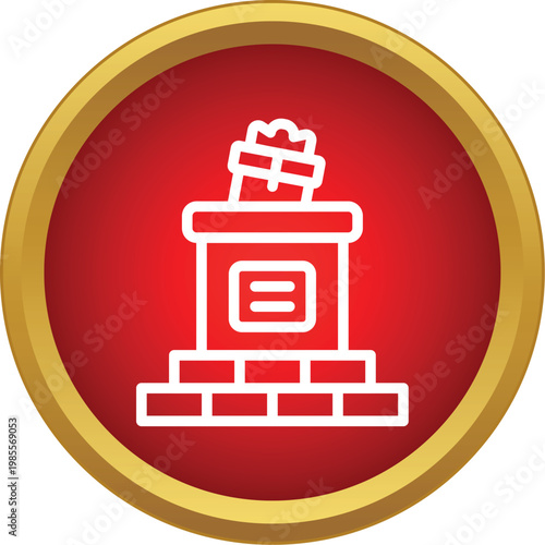 Charity donation box on a pedestal, collecting a gift, inside a red circle with a gold border