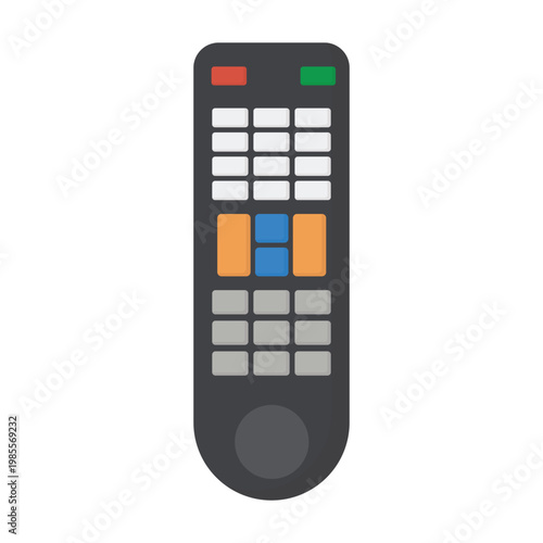 A black digital wireless remote control isolated on white background features an electronic keypad with buttons for modern communication technology and cellular equipment display