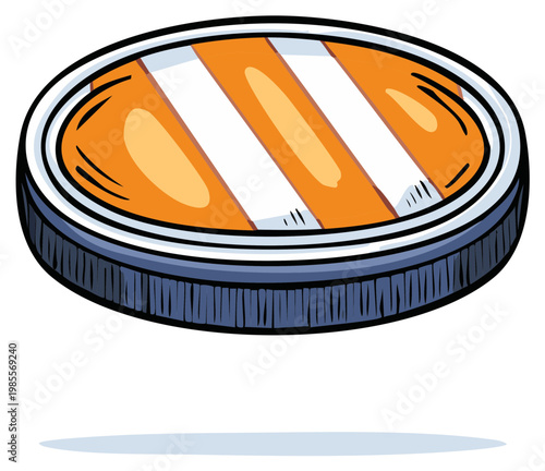 Vibrant graphic illustration of a round game token or coin with bold orange and white diagonal stripes