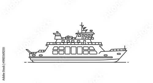 Line art illustration of a passenger ferry boat with multiple decks and observation platforms; modern minimalist maritime vessel