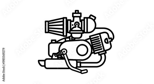 Line art illustration of a single cylinder engine with carburetor air filter and exhaust in minimalist style against white background