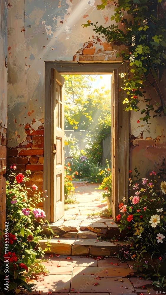 Fototapeta premium A serene garden pathway through an open doorway