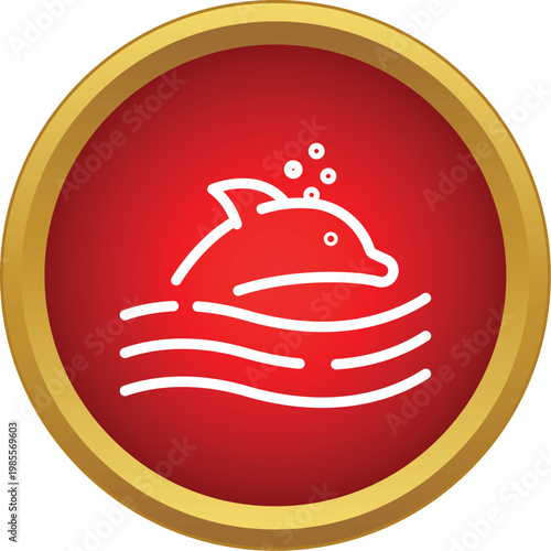 Dolphin line art with bubbles swimming in ocean waves, enclosed in a red circle