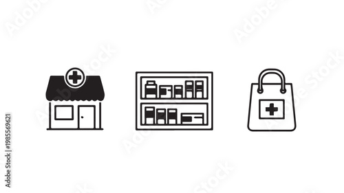 Pharmacy icons set including store and shopping bag