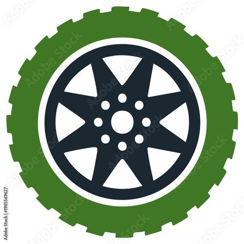Illustration of green tire and dark wheel with eight spokes design element for vehicle or rubber