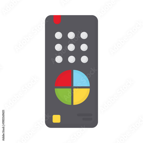 A black digital wireless remote control isolated on white background features an electronic keypad with buttons for modern communication technology and cellular equipment display