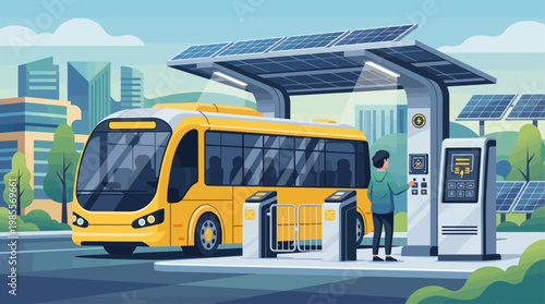 A yellow electric bus at a modern solar-powered bus stop in a green city environment.