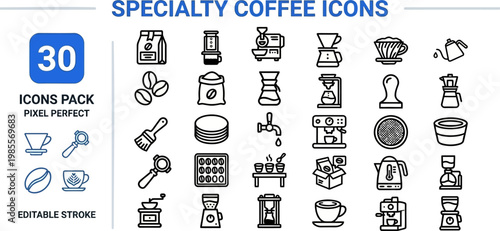 Specialty coffee brewing equipment and barista line vector icon set