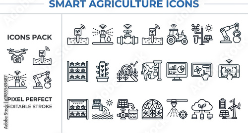 Smart agriculture farming tech and greenhouse line vector icons