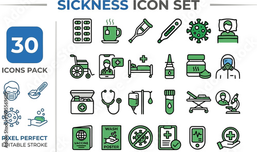 Medical equipment sickness and treatment green line vector icon set