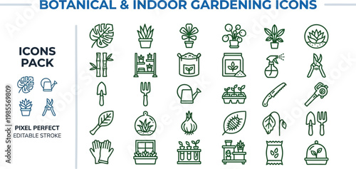 Indoor gardening houseplant care and botany green line vector icons