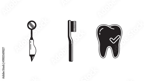 Dental care icons with toothbrush, tooth, and dental tool