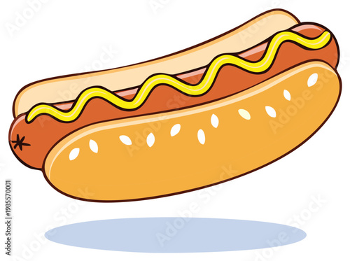 Cartoon Style Hot Dog with Mustard, a Classic American Fast Food Meal Illustration