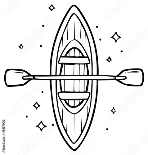 Cartoon Canoe Top View with Paddle Line Art Adventure Watersport