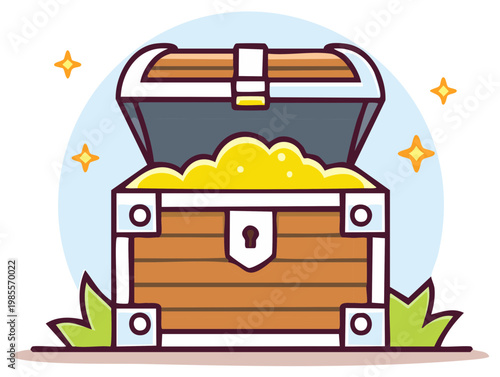 Cartoon Treasure Chest Illustration with Golden Nuggets and Shining Stars, Open Wood Container