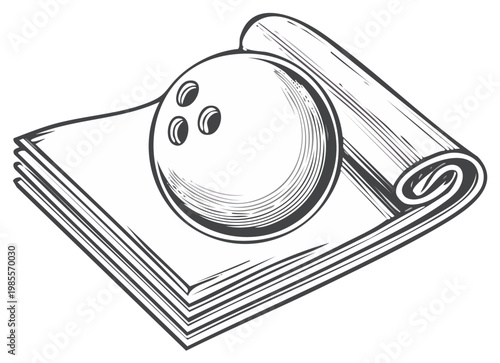 Vintage bowling ball resting on stacked papers and rolled document