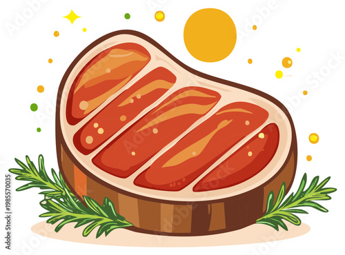 Grilled Cartoon Style Beef Steak Cutlet with Rosemary and Colorful Decoration