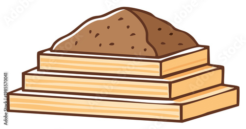 Simple drawing of wooden tiers holding a pile of rich brown garden soil dirt or earth