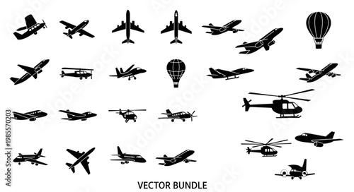 Collection of Aircraft Silhouettes Including Airplanes Helicopters and Hot Air Balloons.