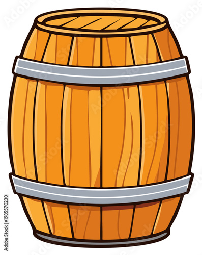 Classic wooden barrel with metal hoops for storing wine or beer cartoon illustration