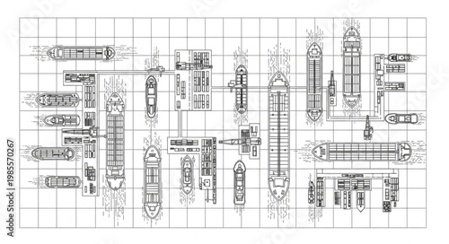 Blueprint of a busy shipping port with many cargo ships docked.