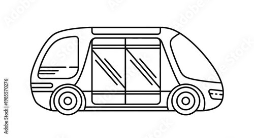 Sleek Autonomous Pod Vehicle with Sliding Doors in Outline Style; Future Transport Concept with Black and White Design