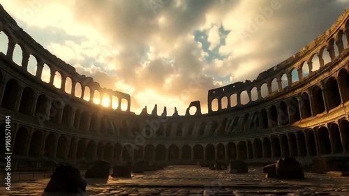 Ancient Roman Colosseum Arena bathed in golden sunlight and dramatic clouds.