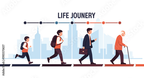 Concept of aging infographic showing a male life journey from a young boy to an elderly man with a walking stick.