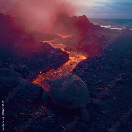Obraz na płótnie Tortoise traverses active lava flow at dusk