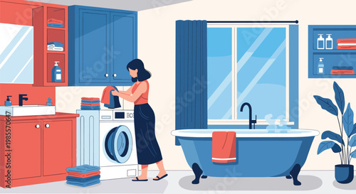 Young woman handles laundry chores by placing clothes into a washing machine in a blue and pink themed bathroom.